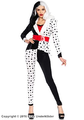 Cruella de Vil, Kostüm-Oberteil und -Hose, Kunstpelz, polka dot